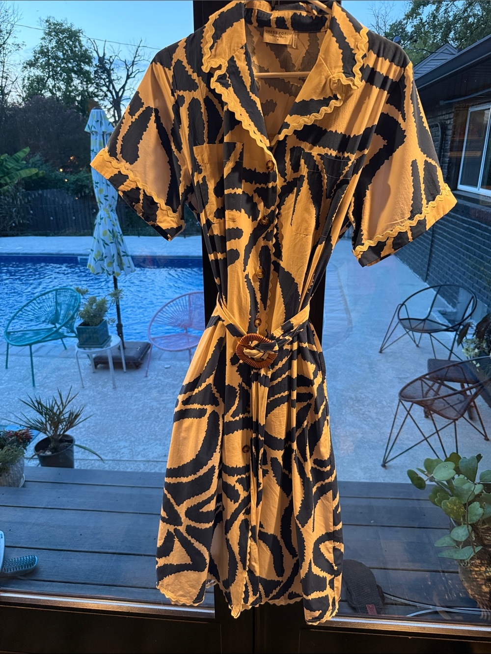 Yellow and Black Patterned Short-Sleeve Shirt Dress with Belt